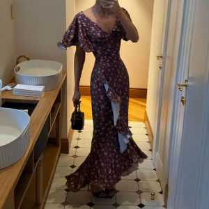 Floral Women Dress V Neck Ruffled Dress High Waist Slim Fit Dresses Irregular Hem Design Stylish Daily Wear 2026 Summer Dress2026