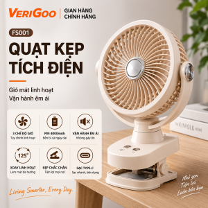 Quạt kẹp tích điện FS001 WEZEN x VERIGOO xoay 360 độ 3 cấp độ gió pin 4000mAH bền bỉ khóa kẹp chắc chắn hoạt động êm ái