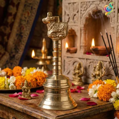 Heavy Brass Pooja Bell 800g 18cm x 8cm Traditional Hindu Temple Prayer Bell for Home & Mandir