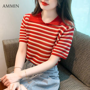 AMMIN summer new simple V-neck fashion ruffle stitching striped short sleeve ice silk knitted T-shirt womens Korean version style casual comfortable elegant blouse