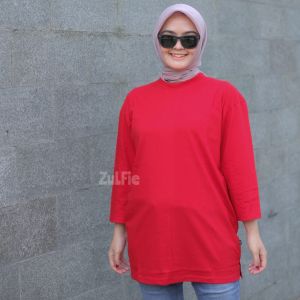 Kaos Oversize Wanita Lengan Panjang 7/8 Basic Polos Merah Belah Samping Atasan Jumbo Dewasa LD 130