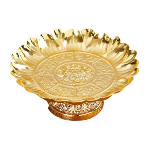 Gold Footed Ceremonial Plate with Lotuses Offering Tray for Temples Home Altars Decorative Serving Tray