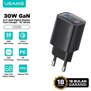 USAMS GaN Fast Charger Series - 30W/65W/100W - Warna Hitam - Kompatibel dengan Iphone & Android