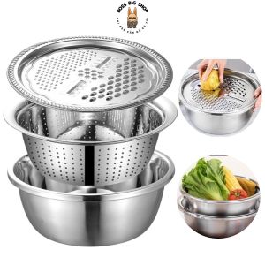 Bộ rổ chậu Inox Thau rổ bào rau củ đa năng 3 trong 1 tiện dụng Đường kính 26cm