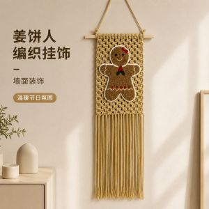 NAELIN Đan thủ công Đồ trang trí treo tường hình người bánh gừng Tua rua 25x60cm Thảm treo tường chủ đề Giáng sinh Quà tặng Phong cách mộc mạc Trang trí hình người bánh gừng Trang trí tường bằng đồ dệt