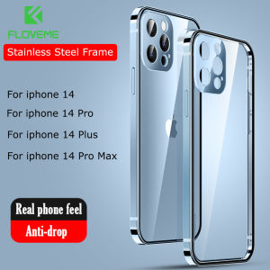 FLOVEME Stainless Steel Frame Phone Case For iphone 14 13 12 Pro Max Metal Lens Protection Transparent Hard Acrylic Anti-drop Back Cover For iphone 14 13 12