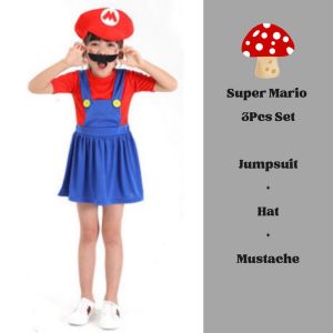 Family Cosplay Mario Costume Set – Kids & Adults Red & Blue Overalls for Halloween & Party