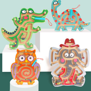Montessori Wooden Magnetic Maze Toy Cute Animal Monkey Wooden Toy Brain Teaser Track Jigsaw Puzzle Dinosaur Walking Beads Labyrinth for Kids Early Learning Educational Toys