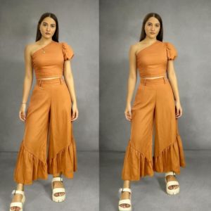 EBPH-MALOISY TERNO-Crop blouse in one shoulder puff sleeve style with side zipper for easy fitting PAIR with fishtail trouser pants