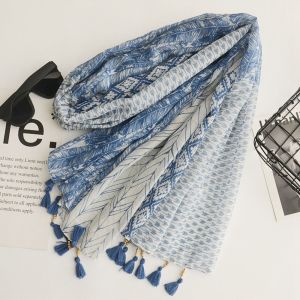 WISH BOUTIQUE Elegant Simple Printing Wood Beads Scarf Accessories Tassel Scarves National Style Korean Style Scarves Cotton Linen Scarf Bohemian Style Shawl Female Wraps