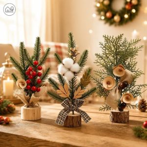 Mini Christmas Tree Tabletop Ornament Wooden Base Desktop Holiday Decor Party Scene Props
