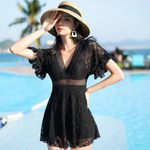 Swimsuit Female Lace Short Sleeve one-piece Swimsuit Solid Color Slim Conservative Womens Hot Spring Swimsuit With Chest Pad