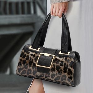 Airrani Genuine Leather Leopard Print Womens Handbag Large Capacity Boston Cowhide Womens Bag Q0101