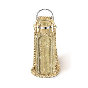 TEWUB Chain Rhinestone Water Bottle Stainless Steel Thermal Bling Cups Bedazzled Removable Carrying Strap Sparkling Thermoses Women
