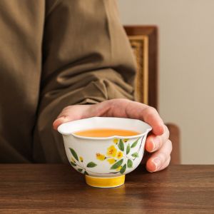新中式手绘金桂飘香陶瓷茶杯主人杯花口品茗杯家用功夫茶具高颜值