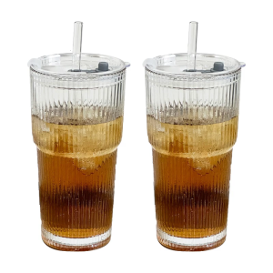 600ml Textured Glass Tumblers Cups with Lid and Efficient Straw Clear Beverage Glasses for Cold Coffee Teas Juice
