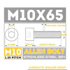 10MM M10 (1.25P / 1.50P) 10PCS-STAINLESS ALLEN CAPSCREW / CAPSCREW / SOCKET HEAD BOLT - Stainless 304