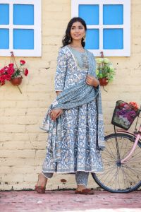 Ethnic Cotton Kurti Pant n Dupatta Set | Embroidery | Gota & Lace Work | Color Grey | [READYSTOCK SGP]