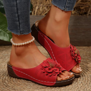 Free Shipping Plus-Size WomenS Shoes 2026 Spring-Summer New Style Wedge Heel Thick-Soled Peep-Toe Slippers For Outdoor Wear With Floral Decoration