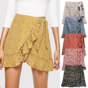 Women Floral Mini Skirts with Ruffled Irregular Print Chiffon High waist Lace-up Zipper Short Wrap Skirt Summer