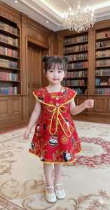 Dress Anak Perempuan Motif Imlek Karakter Lucu+Tas Serut Cantik Warna Merah Usia 6 Bulan-7 Tahun Bahan Katun