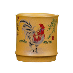 壶芝宴宜兴紫砂精品手工茶杯品茗杯手绘泥绘金鸡报喜刻绘茶具功夫