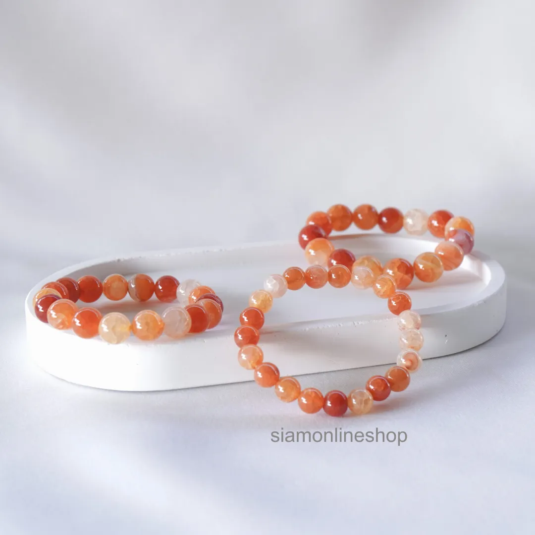 Orange Cracked Agate Stone หินมงคล หินเกล็ดมังกรสีส้ม เลือกขนาดเม็ดหินได้ (6-12 มม.) สร้อยข้อมือหินแท้