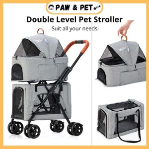 🔥 Ready Stock 🔥Double Deck Pet Stroller for Cat & Dog 2 Compartment Separated Carrier Basket 宠物推车 可拆除车包