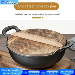 [Vodool Brand Center] Cast Iron Pot with Lid & Dual Handle Chinese Wok Pan Multi-Function Uncoated Skillet Flat Bottom Stir Fry Pan Home Kitchen Accessory（With Wooden Lid）
