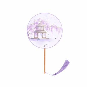 JURHOMIE Long Handle Chinese Round Hand Fan Silk Material Embroidery Design Vintage Printing Silk Fan Traditional Round Shape Cheongsam Tang Suit Fan Dance Performance