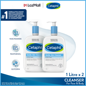 CETAPHIL Gentle Skin Cleanser 1000ML Twin Pack Hydrating Face & Body Wash for Sensitive Dry Skin Soap-Free