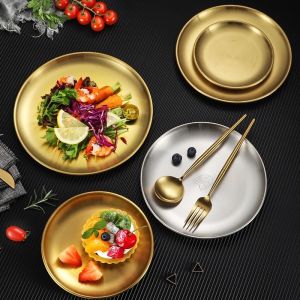 Stainless Steel Dinner Plate Gold Bone Spitting Dish Western Steak Round Tray Vegetable Fruit Tray Party Cake Dessert Plate