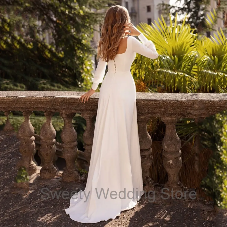 Square-neck wedding dress with long sleeves