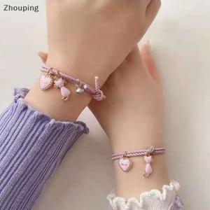 【ZP】Cute 2Pcs Cartoon Magnetic Couple Bracelets With Cat Love Heart Pendant Cute Mutually Attractive Friendship Rope Gifts For Friend