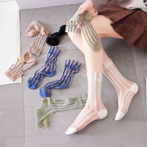CHARMI Ultra-thin Fashion Mesh Summer For Women Transparent Female Hosiery Glass Silk Socks Striped Socks Middle Tube Socks