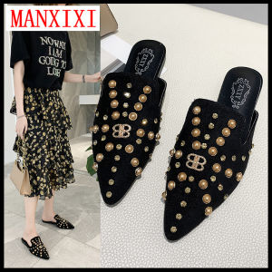 MANXIXI Brand Korean Version Slippers Fashion Pearl Inlay Street Style Flat Mules Sandals For Women (Size 35-40)