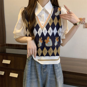 Gakki เสื้อยืดโปโลแขนสั้นผู้หญิง เสื้อสองชิ้นปลอมเย็บเสื้อไหมพรม ผ้านิ่มใส่สบาย ฟรีไซส์ พร้อมส่ง 3A130-2#