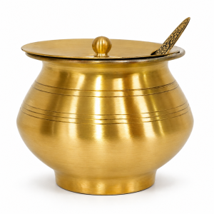 Traditional Brass Ghee Pot with Aluminium-Coated Interior Lid & Spoon | Ghee Storage Container | Kitchen Serveware (1 Set | Size - 3*3.5 Inches)
