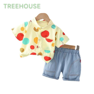 TREEHOUSE baby terno for girls set Summer Fashion Color Block Pattern Short Sleeve Shirt + Shorts Two-piece Girls Clothing Set
