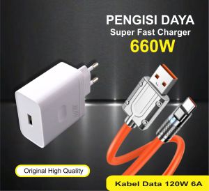 Charger 660W Batok RENO 8 + Kabel Data 120W Fast Charging / Pengisian Daya Cepat 6A Super Quick Charging