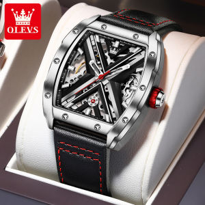 OLEVS 2026 New Genuine Brand Mens Watch Waterproof Luxury Trend Hollow Automatic Mechanical Watch Fashion Casual Luminous Wine Barrel Leather Strap Watch Gift