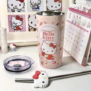 Sanrio Kawaii Hello Kitty Water Cup Cartoon 600ml Stainless Steel Straw Coffee Cup Kuromi Large Capacity Thermos Cup Cute Girl Gift