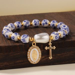 BLACKON Metal Beaded Blue and White Porcelain Bracelet New Chinese Style Bow Ceramics Bracelet Personality Vintage Elastic Beads Bracelets Women