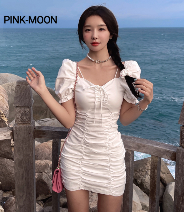 PM Women's Light Mature Style Puff Sleeve Pleated Drawstring Dress ...