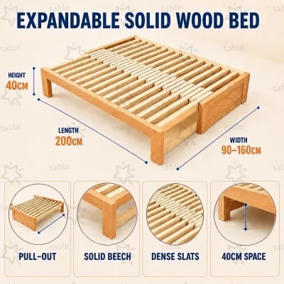 TABLETROVE Expandable Solid Wood Bed Frame Pull Out Adjustable Size Wooden Platform Bed 800KG Load