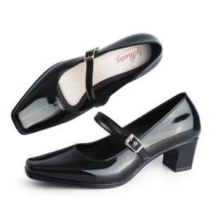 SHUTA Womens Fashionable Black Shoes Korean Style Trendy Square Toe 5CM High Heel Waterproof Rubber Non-Slip Student Shoes for Perfect Fit with Buckle 0100523