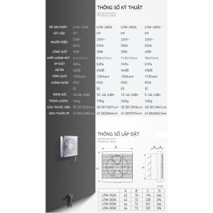 Quạt hút mùi 2 chiều LAVFILL LFW-25DK 30DK – Gắn tường êm ái 350×350 400×400mm công suất 35W–40W