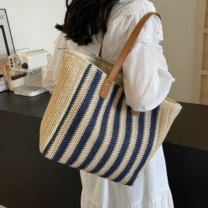 Fashion Striped Straw Shoulder Bag Breathable Bohemian Summer Beach Bag Large Capacity Zipper Weave Tote Bag Holiday