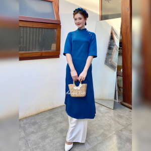 Áo dài cách tân nữ tết dáng suông màu xanh đậm lụa tây thi đính ngọc cao cấp may sẵn