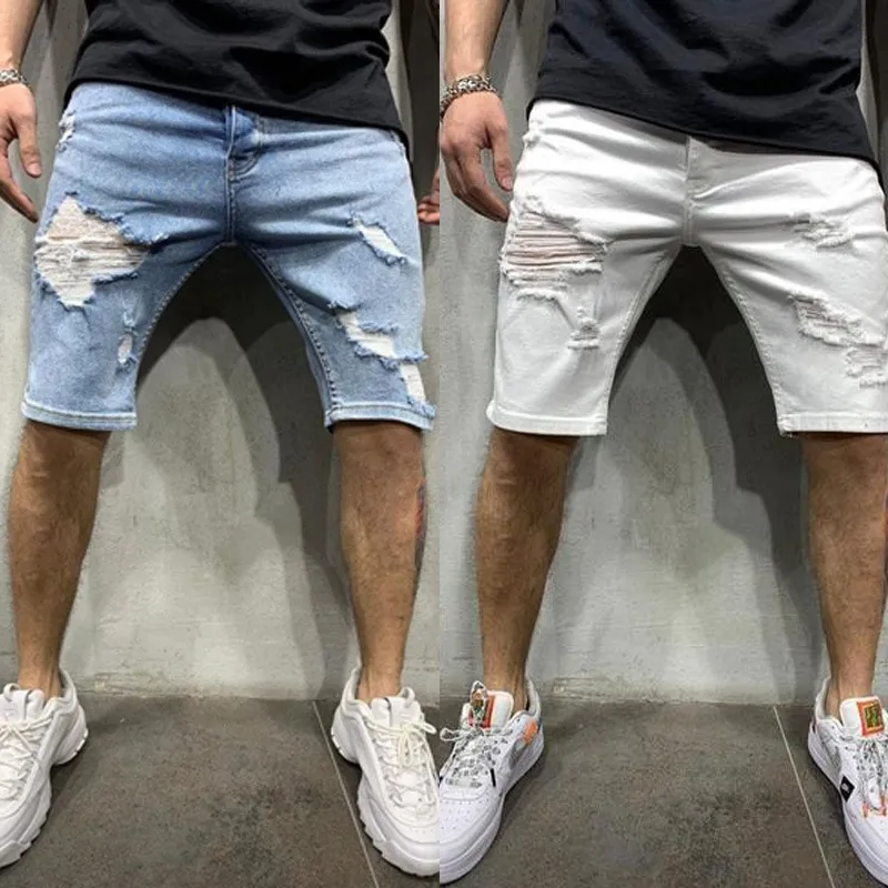 2023 Streetwear Summer Ripped Shorts Jeans Men Denim Pants Stretch White  Fashion Design Men's Jeans Slim Male Short Jeans Hombre